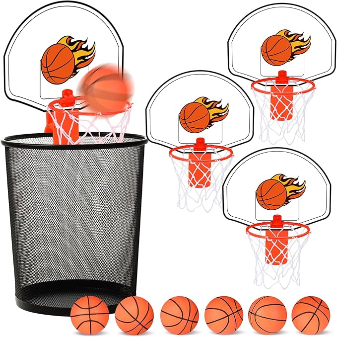 Honoson 3 Sets Indoor Trash Can Basketball Game Set Includes 3 Mini Clip on Basketball Hoop with Backboard 6 Inflatable Ball 3 Pump Kid Adult Office Decompression Toy Birthday Gift (Vibrant)