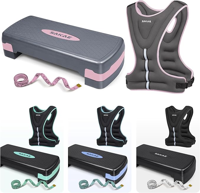 SAKAE Aerobics Step Platform Set with Weighted Vest & Measuring Tape, Adjustable Height 2 Level Risers Workout Step Trainer with Non-Slip Surface, Step Platform for Home Exercise, Multiple Colors