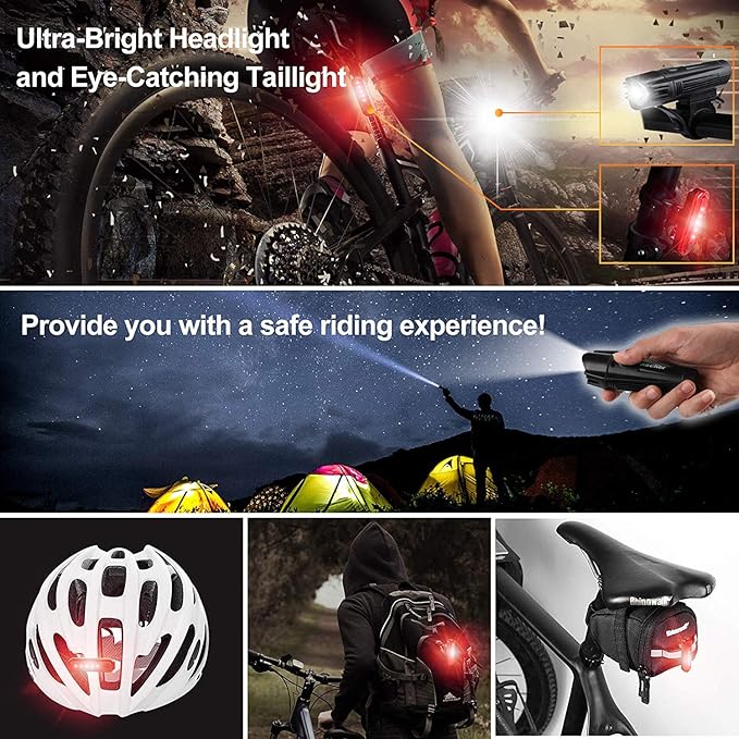 Ascher Ultra Bright USB Rechargeable Bike Light Set, Powerful Bicycle Front Headlight and Back Taillight, 4 Light Modes, Easy to Install for Men Women Kids Road Mountain Cycling Black