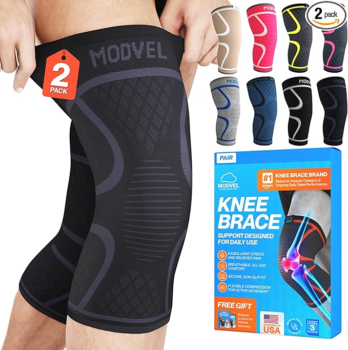 Modvel 2 Pack Knee Brace for Women & Men - Workout Knees Compression Sleeve for Knee Pain Relief Joint Support for ACL, Arthritis, Meniscus Tear Knees Brace for Sports, Rodilleras para Gym Fitness