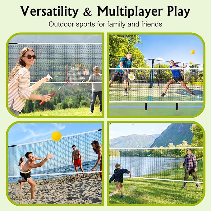 Pickleball Badminton Net Set for Backyards, All-in-One Portable Volleyball Combo Set with Adjustable Net, Volleyball Pickleball Paddles & Badminton Rackets for Indoor Outdoor