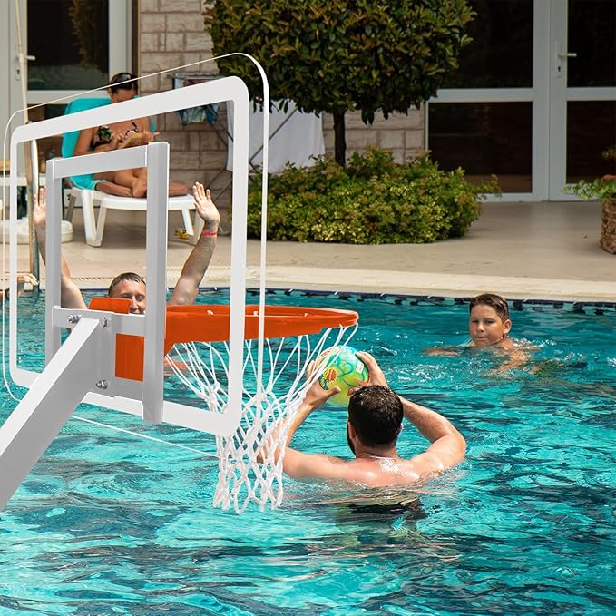 PROGOAL Aluminum Shot and Dunk Poolside Basketball Hoop - In Ground Removable Rust-Resistant Adjustable Height Pool Basketball Game System with Clear Backboard 1/2 Springs Rim and Three Balls