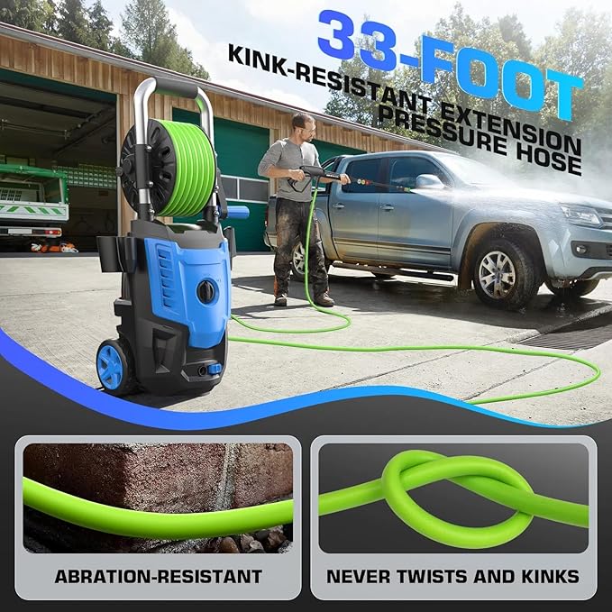 4800 PSI Pressure Cleaner- 4.0 GPM High Power Cleaner with 33FT Hose Reel, 4 Spray Tips and Soap Bottle for Car Washing, Fence Cleaning, Patio Maintenance（Upgraded）(Light Blue)