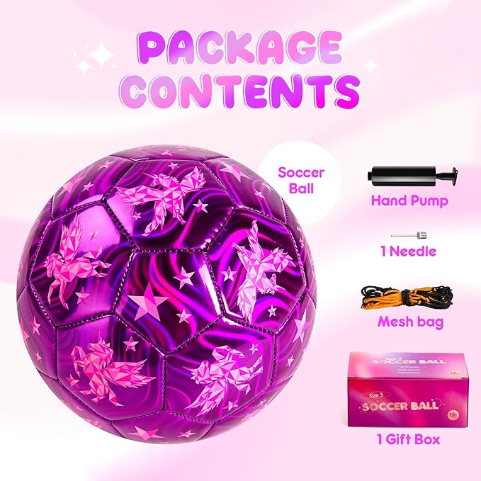 Kids Soccer Ball Size 2 Size 3 Size 4 Glitter Unicorn Dinosaur- For Toddlers Kids Age 1-3 3-8 8-12 - Sports & Outdoors Ball Inflatable with Pump - Gift for Girls Boys Children Youth School Birthday