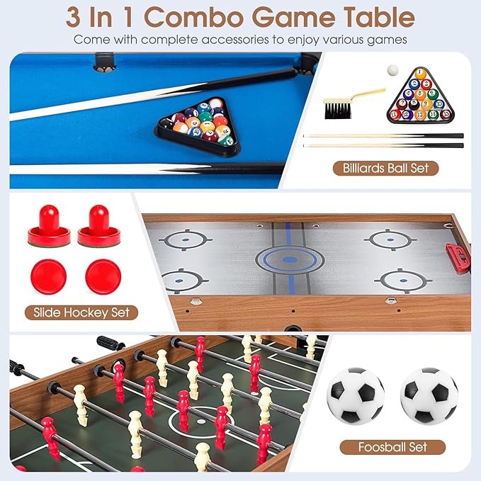 KOTEK Multi Game Table, 3 in 1 Gaming Table w/Foosball, Billiard & Slide Hockey, Combo Game Table for Home, Game Room, Bars, Party, Family Night