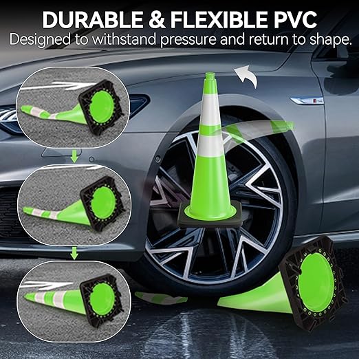 28 Inch Traffic Cones with Heavy Weighted Base (8 Pack) - Green Safety Cones with Reflective Collars for Parking Lots, Road Construction, and Event Control
