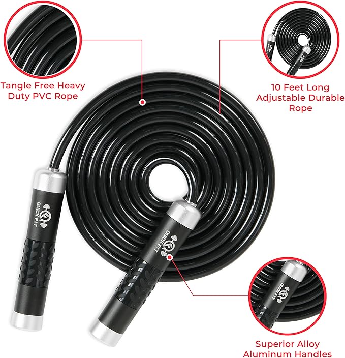 Quick Fit Weighted Jump Rope Set of 2 (1LB) w/ Non-Weighted Skipping Cord - Portable Exercise Accessory for Cardio, HIIT, Endurance - Fun Workout Aid for Burning Heavy Calories - Ball Bearing Handles