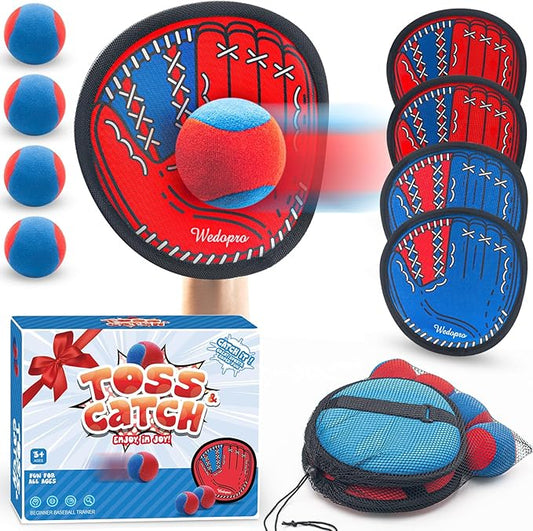 Toss and Catch Ball Game, Kids Toddler Baseball Glove & Catch Ball Toys, Kids Outdoor Games for Family, Toys for Beach Pool Yard Outside, Birthday Gift for Ages 3 4 5 6 7 8-12 (Red/Blue-4 Pack)