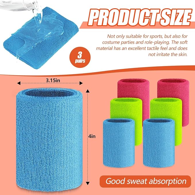 Wettarn 6 Pcs 4 Inch Wrist Sweatbands Tennis & Gymnastics Wristbands for Grips & Sport Cotton Elastic Thick Wrist Bands for Tennis & Football