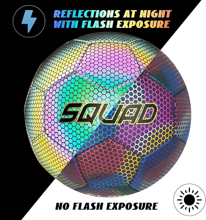 SQUAD Holographic Reflective Soccer Ball Size 5 - Reflective Glowing Ball for Night Games & Training - Durable PU Leather and Rubber Airbags - Cool & Unique Gift for Soccer Fans