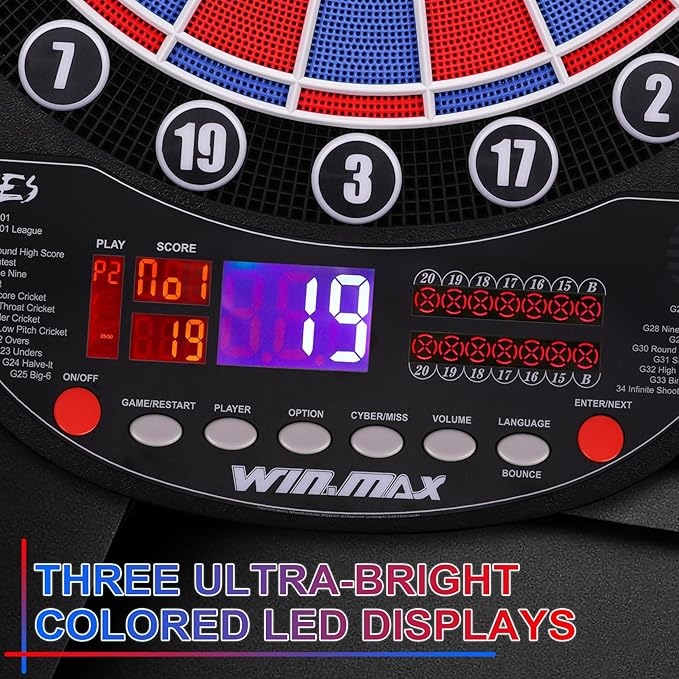 WIN.MAX Electronic Dart Board Soft Tip Dartboard Set LED Displays 3 Languages with 12 Darts 100 Tips Power Adapter