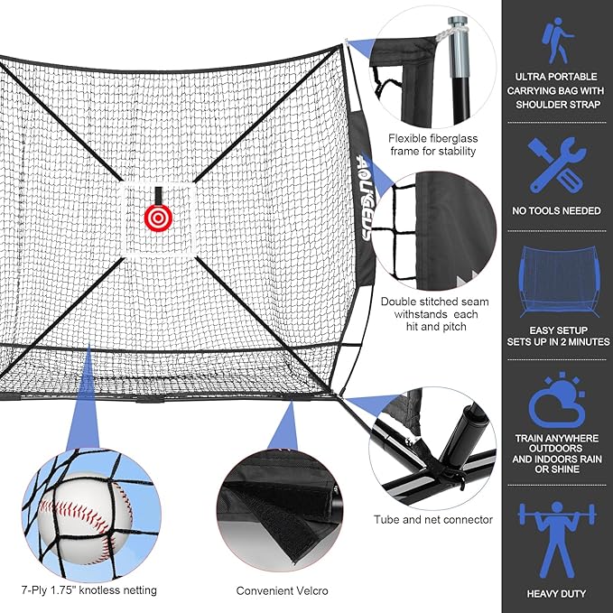 6'X6' Baseball Softball Practice Net,Pitching Net,Batting Net,with Bonus Strike Zone,Target and Bow Frame,for Hitting,Pitching,Catching