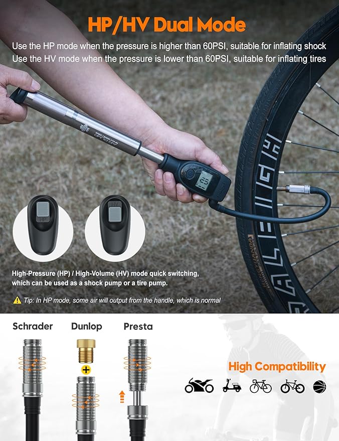 Tiakia High Pressure Shock Pump with Digital Pressure Gauge for Air Front Fork & Rear Suspension, Portable Bike Pump Aluminum Bicycle Tire Inflator Frame Pump Fit Schrader/Presta DH Bike