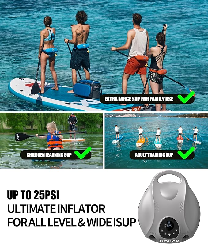 Tuomico Truely Portable Paddle Board Pump 25 PSI High Pressure Sup Air Pump,4 Minutes Fast Inflation, 74WH Rechargeable Battery Powered Electric Air Pump for Inflatable Kayak Boat Float Tent