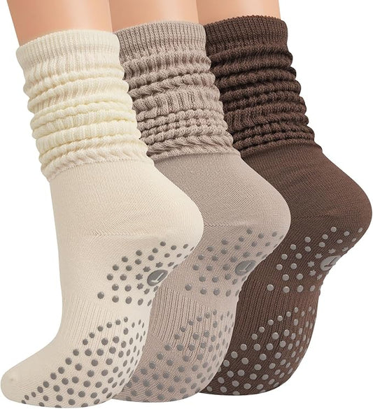 Grip Pilates Socks for Women, Yoga Slouch Socks with Grip for Barre Workout Hospital Long Scrunch Slipper Socks