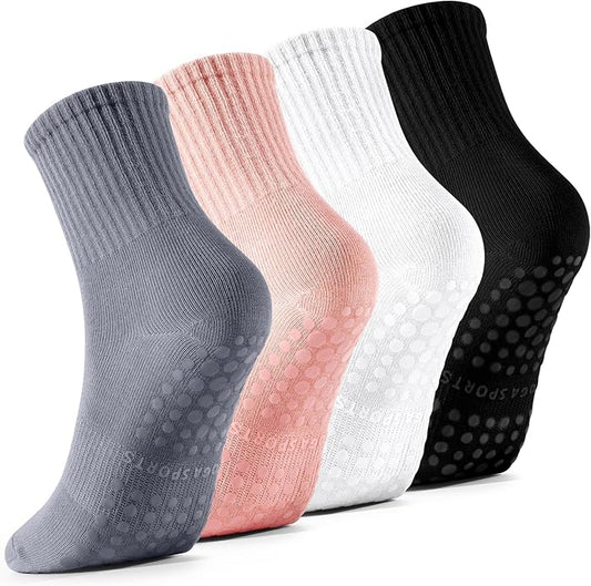 4 Pairs Pilates Socks with Grips for Women, Barre Yoga Grippy Socks, Womens Non Slip Pilates Crew Sticky Socks