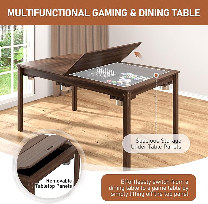 MUPATER Solid Wood Board Game Table with 58” x 33” Gaming Space and Removable Table Top, Modular Game and Dining Table for Adults, Includes Cup Holders and Leatherette Play Mat