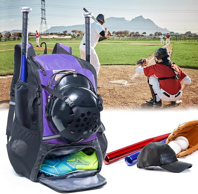 Baseball Backpack for Youth, Boys, Adults - Bat and Softball Equipment Bag With Glove Holder, Helmet, Shoes Compartment - T-Ball Accessories and Baseball Gifts