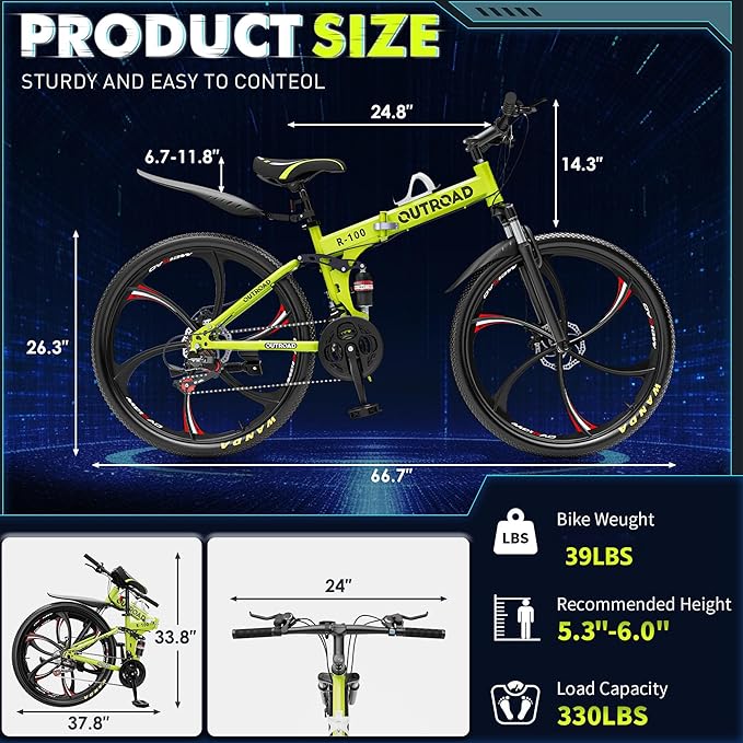 26 inch Folding Mountain Bike, Carbon Steel Frame and 21 Speed, Double Disc Brake and Dual Suspension Folding Bike for Adults/Men/Women, Easy Assembly Bicycle(Black/Green/Orange)