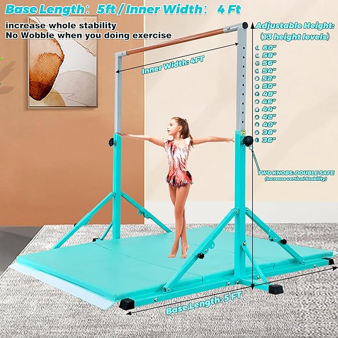 MARFULA Gymnastic Bar for Kid and Teenage Ages 3-25, 5 FT / 8 FT Base Length, 4 FT Width 5 FT Height, Gymnastic Kip Bar Horizontal Bar for Gymnast, Gymnastic Training Equipment for Home and Club Use