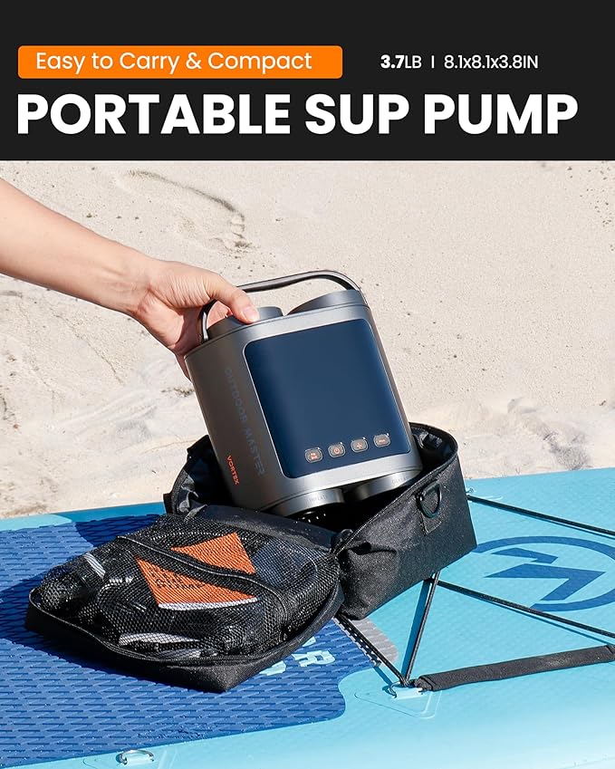 OutdoorMaster Vortex Paddle Board Pump Electric Portable, Max 20PSI SUP Air Pump Inflator & Deflator, 12V/15.8V DC Input, Auto Off & Cooling, 8 Nozzles Pump for Paddle Board, Inflatables - No Battery
