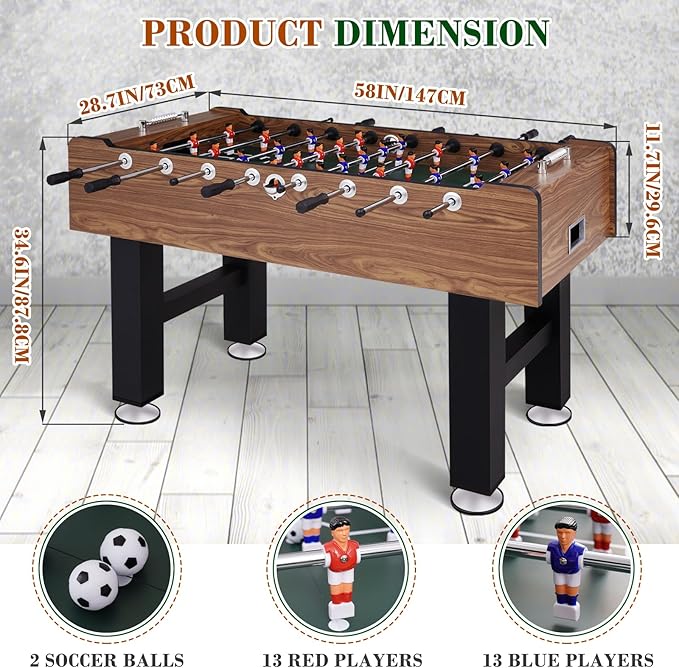 Large Size Foosball Table Adult Size, Full Size Soccer Game Table w/2 Balls, Leg Levelers & Heavy-Duty Legs, Durable Arcade Football Table for Game Room, Home, Office, Party