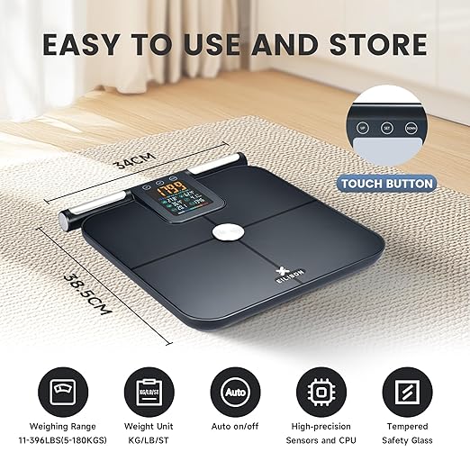 EILISON Smart Scale for Body Weight: 8-Electrode Precision Digital Bathroom Scale for Fat BMI 32 Muscle Body Composition Analyzer, Highly Accurate Weighing Machine, 400lbs (8 Electrode Grey Handle)