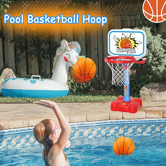 4 in 1 Toddler Basketball Hoop and T Ball Set, Toss Ring Game Kids Toys, Adjustable Height Kids Basketball Hoop Pool Toys Indoor Outdoor Sports, Gifts for Boys Girls Outdoor Toys for Toddlers 3-5 2-4