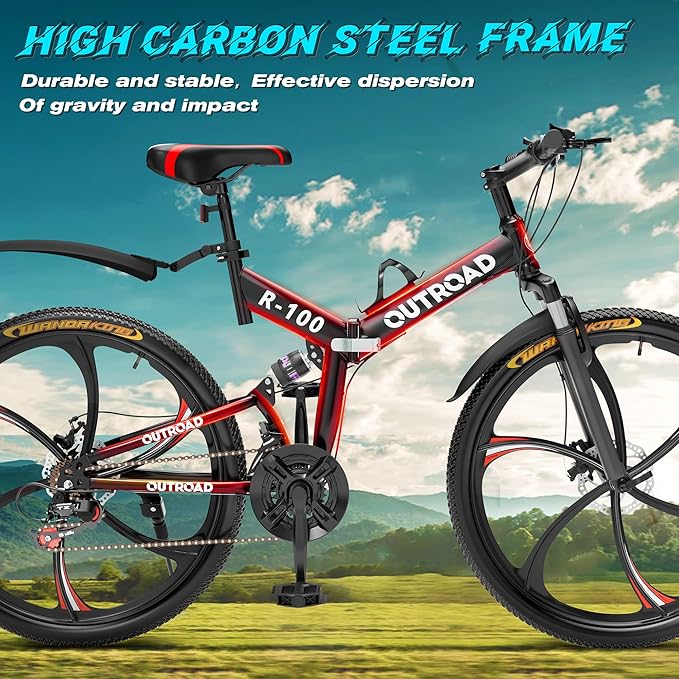 Betterland 26 Inch Folding Mountain Bike, 21 Speeds Full Suspension Foldable Bikes, Dual Disc Brake, High Carbon Steel Frame and Non-Slip Quick Release tire Bicycle for Adult