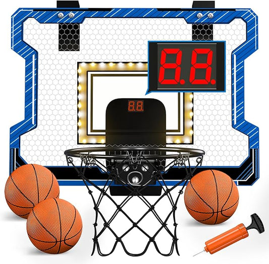 Mini Basketball Hoop Indoor with Scoreboard/LED Light, Glow in The Dark Door Basketball Hoop, Toy Gifts for Kids Boys Girls Teens Adults, Suit for Bedroom/Office/Outdoor/Pool, Blue