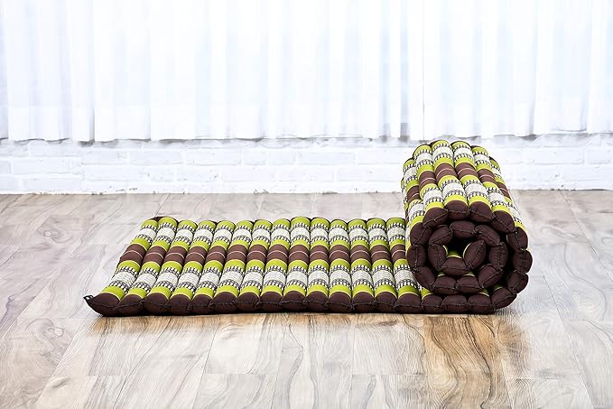 Leewadee - Kapok Roll Mat – Handcrafted Folding Sleep & Relaxation Mattress from Thailand, Ideal as Guest Bed, Camping Mat, Yoga Mat or Traditional Futon, 75 x 39 inches, Brown Green
