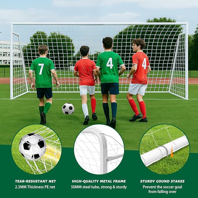 NAIZEA Soccer Goal - 12x6FT/16x7FT/10x6FT/8x6FT/6x4FT Soccer Goals for Backyard - Metal Soccer Goals for Youth Adult - Multiple Sizes Colors - Perfect for Games Indoor Outdoor Practice