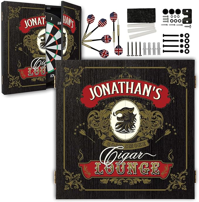 THOUSAND OAKS BARREL CO. | Personalized Dartboard & Cabinet Set with 6 Steel Tip Darts
