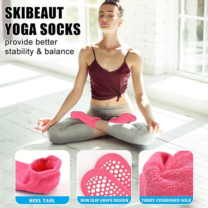 SkiBeaut Grips Non Slip Socks for Women, 4 Pairs Yoga Pilates Anti Skid Woman Hospital Gripper Socks (5-12)