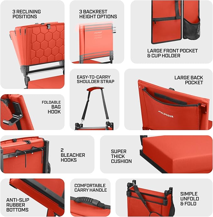 Extra Wide Folding Reclining Stadium Seat with Back Suppot for Bleachers, Bleacher Hooks, Thick Cushion, Cup Holder, Storage Pockets – Portable Chair for Kayak, Canoe, Paddle Board, Concerts, & Sports