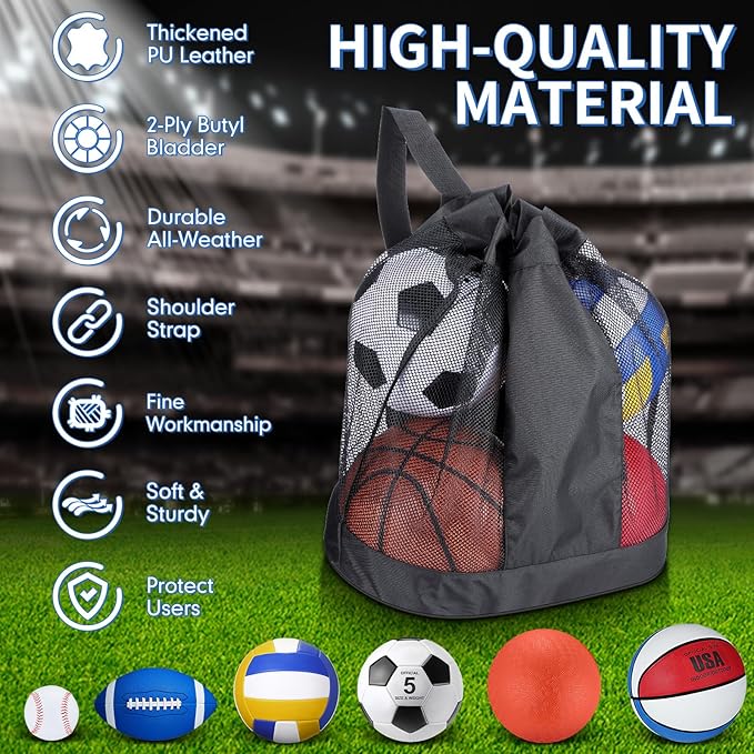 Libima 6 Pcs Multi Sport Ball Set Official Size Football, Basketball, Soccer, Volleyball, Playground Ball, Baseball with Sports Equipment Bag Pump for Teen Adult Back to School