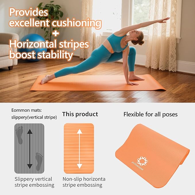 0.4Inch Extra Thick NBR Yoga Mat with Enhanced Stability - Textured Design, Lightweight Mat with Carrying Strap & Case for Yoga, Pilates, Gym & Home Use (Orange)