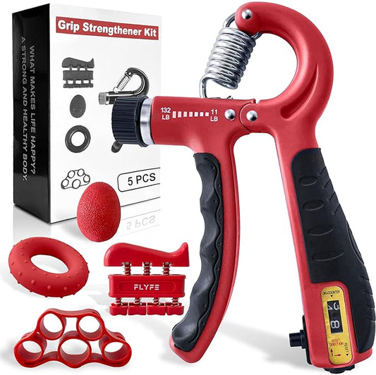 FLYFE Grip Strength Trainer Kit (5 Pack), Forearm Strengthener, Hand Squeezer Adjustable Resistance, Finger Stretcher, Grip Ring, Relief Ball and Finger Exerciser for Men and Women, Injury Recovery