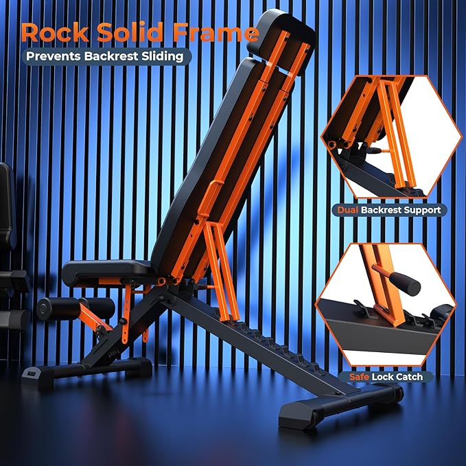 900LBS Adjustable Weight Bench - Foldable Workout Bench Press with 33.5" Extended Backrest for Home Gym Strength Training,Folding Flat Incline Bench with 80x40MM Steel for Full Body Exercise