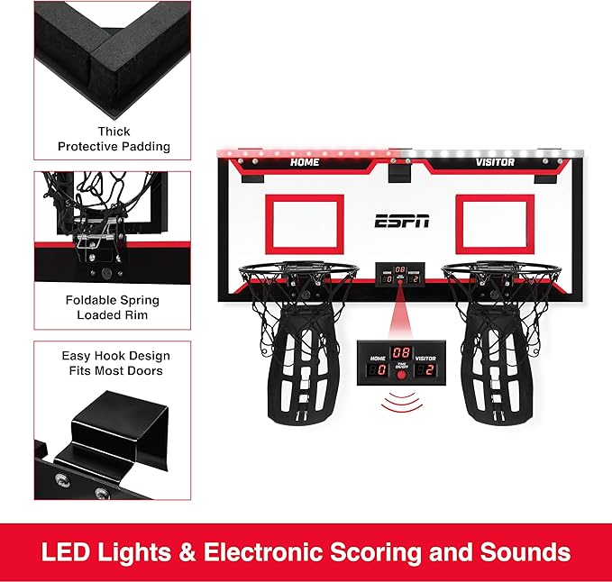 ESPN Mini Basketball Hoop, Over The Door Basketball Hoop with 2 Foldable Breakaway Rims and Ball Return for Two Player Games, Includes 4 Mini Basketballs and Pump