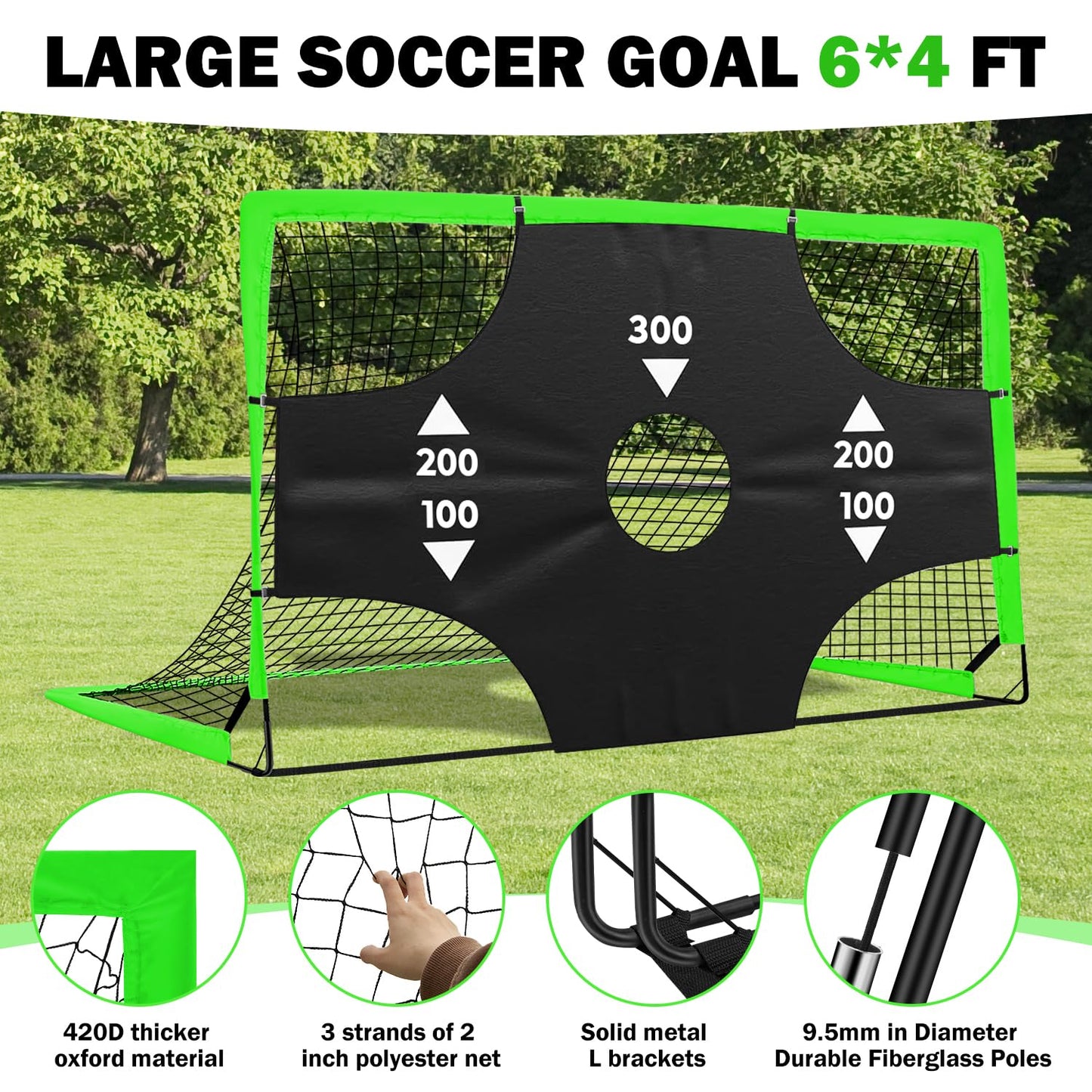 Fololicx Green Soccer Goals for Backyard, 2 of 6x4ft Kids Soccer Net Training Equipment, Portable Pop Up Toddler Soccer Goal with Soccer Ball, Scoring Target Cloth, and Cones - Fun Youth Outdoor Games