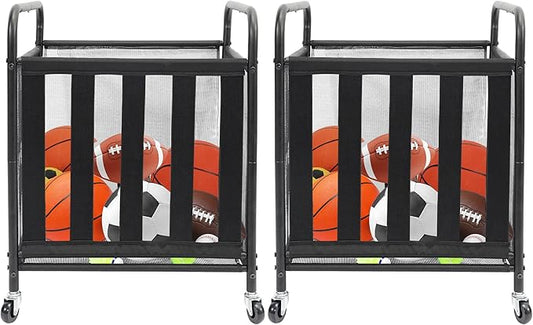 STO STO Rolling Sports Ball Storage Cart, Lockable Basketball Cage with Elastic Straps, Sport Equipment Holder Organizer for Indoor Outdoor, Steel Storage Rack for Playgroup and Gym