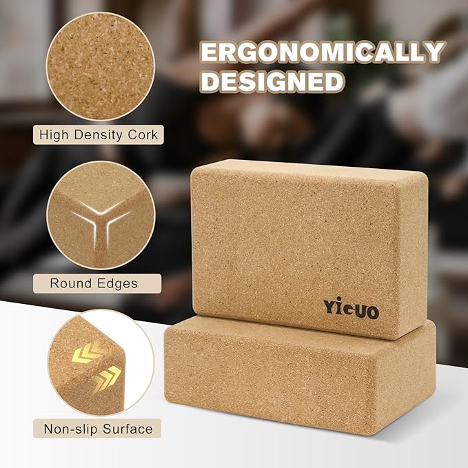 YIGUO Cork Yoga Blocks with Strap, 2 Pack Natural Yoga Block, Eco-friendly yoga blocks, High Density Non-Slip Yoga Accessories for Women, Ideal for Yoga, Pilates and Stretching, 9"x6"x3"