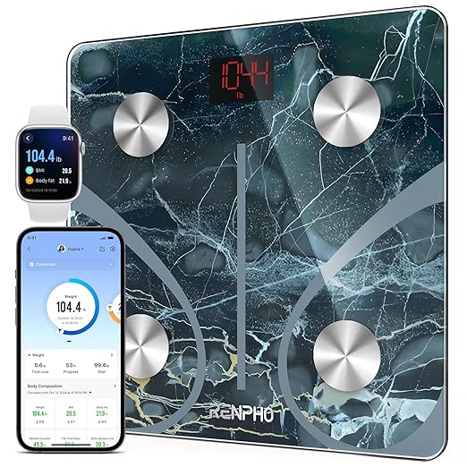 RENPHO Smart Scale for Body Weight, Digital Bathroom Scale BMI Weighing Bluetooth Body Fat Scale, Body Composition Monitor Health Analyzer with Smartphone App (Marble, 11"/280mm)