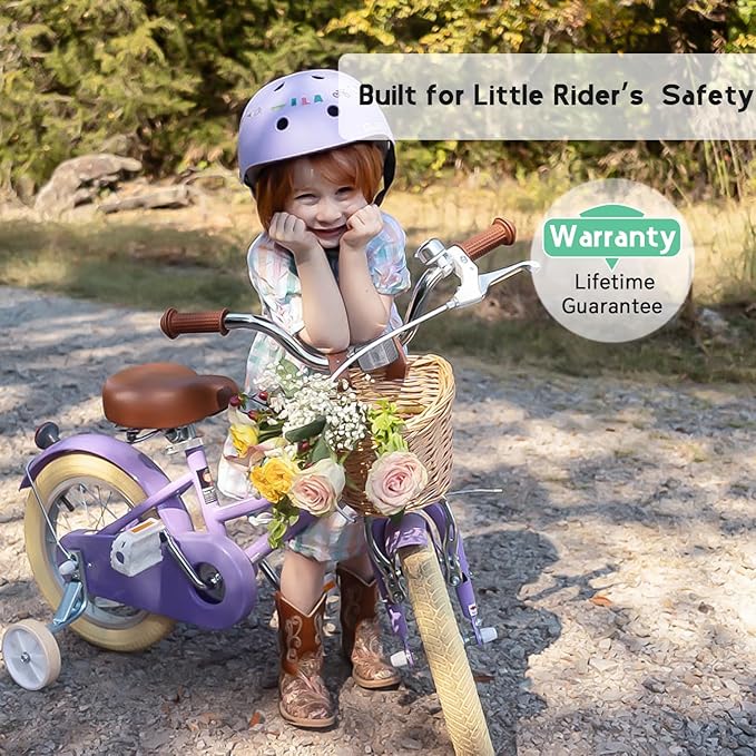 Glerc Little Molly 12-20 Inch Kids Retro Cruiser Bike for 2-13 Year Old with Wicker Basket & Training Wheels/Kickstand, Multiple Colors