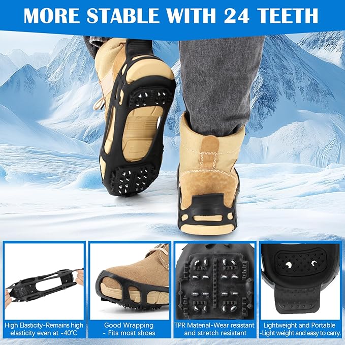 Ice Snow Traction Cleats Crampons, 28 Teeth Snow Spikes for Shoes and Boots, Rubber Anti Slip Ice Snow Grippers, Ice Cleats for Walking On Snow and Ice, Hiking, Climbing
