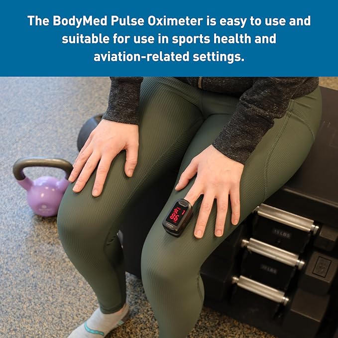 BodyMed Fingertip Pulse Oximeter Blood Oxygen Saturation Monitor with LED Display - Lightweight and Easy to Use - Lanyard and Batteries Included