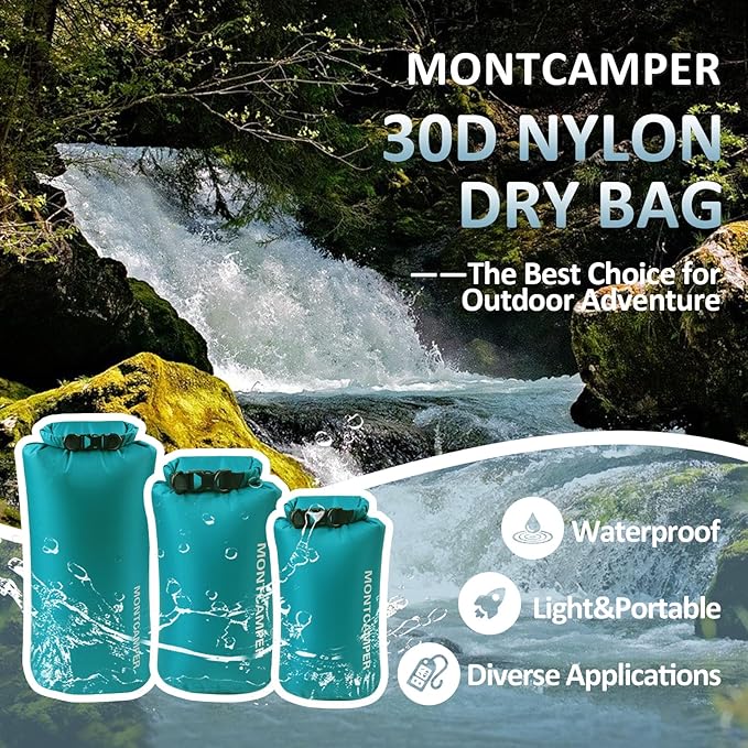 3-pack 30D Nylon Waterproof Dry Bag-Portable Waterproof Storage Sack for Kayaking, Hiking and Rafting-Roll Top Closure-Float on Water(5L/10L/20L,Turquoise blue)