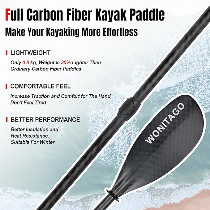 Full Carbon Fiber Kayak Paddle with Large Paddle Blade, 2-Piece, Floating Adjustable Kayak Paddles with Paddle Bag, 215-225 cm/85-89 Inches
