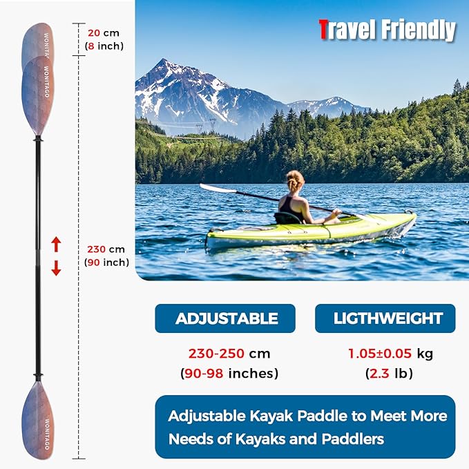 Kayak Paddle with Fiberglass Shaft and Reinforced Nylon Blade, Adjustable Kayaking Oars, 3 Piece, 230-250 cm/90-98 inches, 210-230 cm/82-90 inches